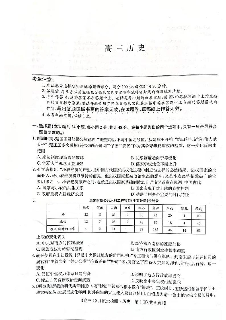 2022届河南省部分名校高三上学期10月质量检测历史试题（扫描版含答案）01