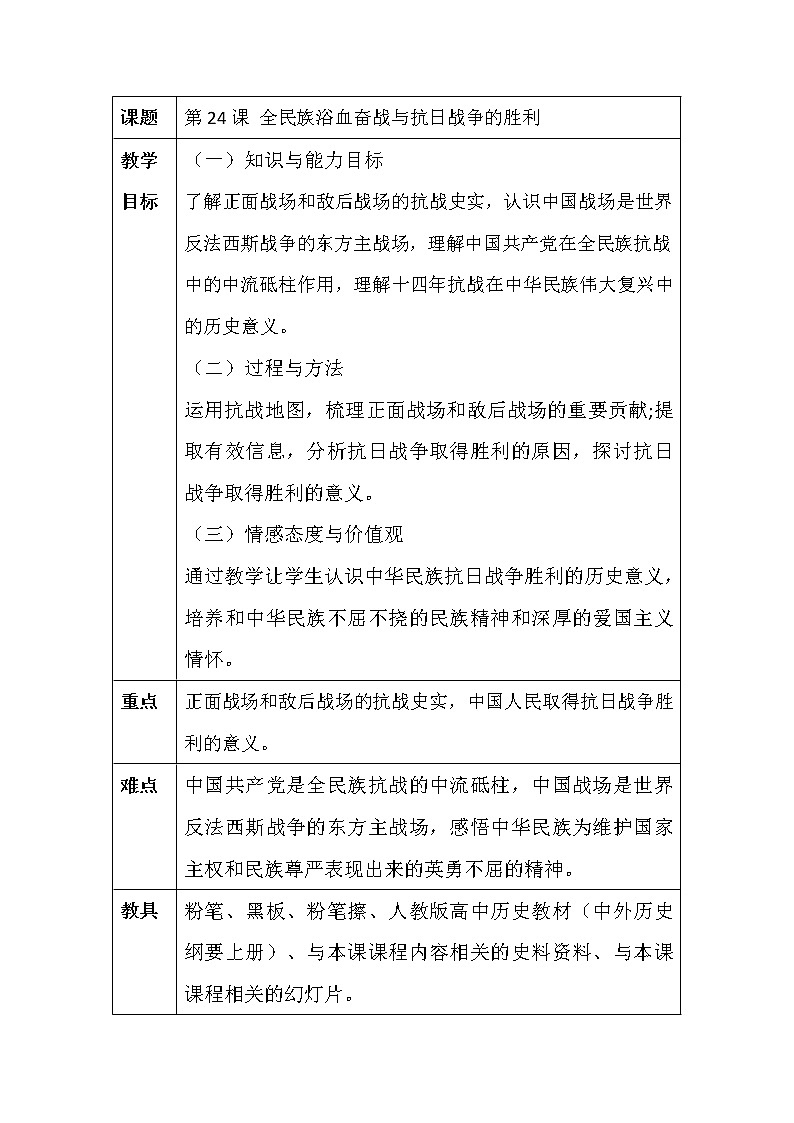 中外历史纲要上第24课全民族浴血奋战与抗日战争的胜利教案第1页