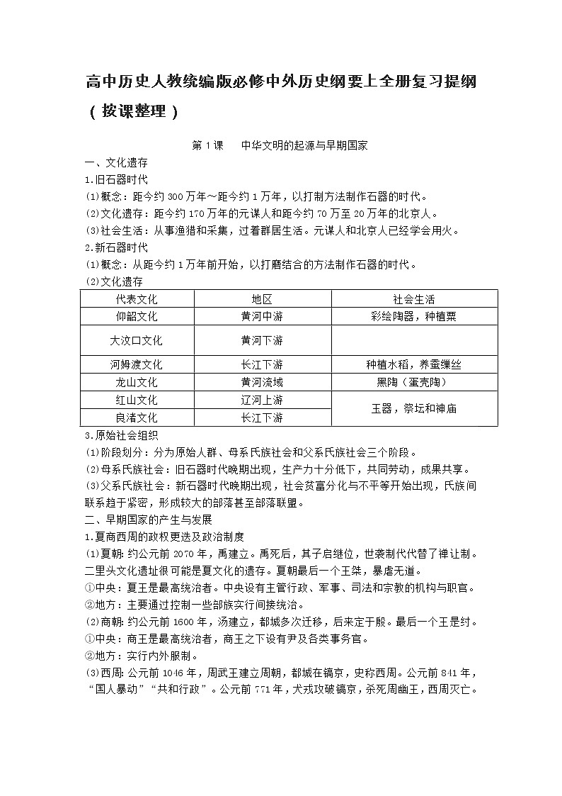 高中历史人教统编版必修中外历史纲要上全册复习提纲（按课整理）教案01