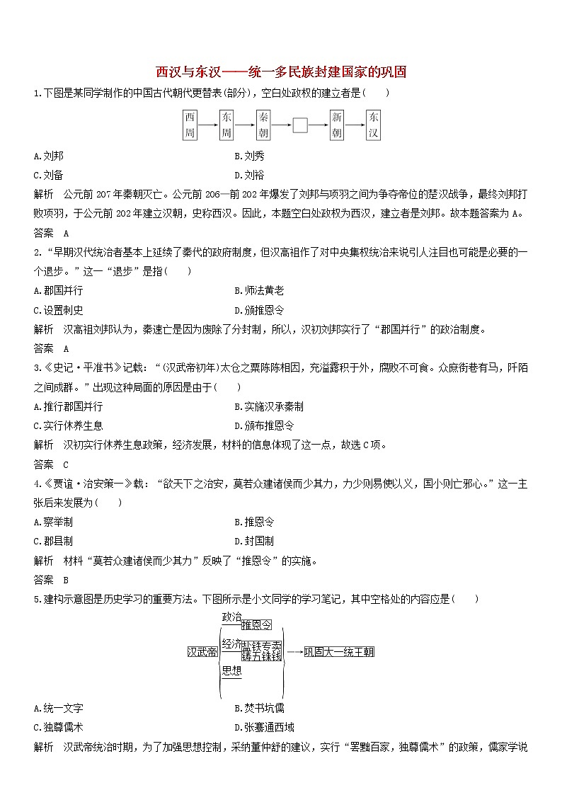 高中历史必修中外历史纲要上册第4课 西汉与东汉——统一多民族封建国家的巩固 随堂练习卷(含解析)第1页