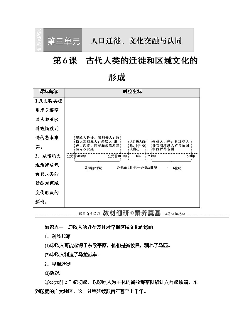 人教统编版选择性必修3第3单元 第6课　古代人类的迁徙和区域文化的形成(1)练习题01