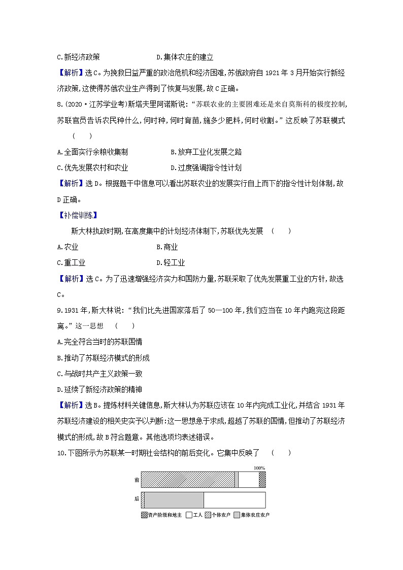 2020_2021学年新教材高中历史第七单元两次世界大战十月革命与国际秩序的演变第15课十月革命的胜利与苏联的社会主义实践课时素养检测含解析新人教版必修中外历史纲要下03