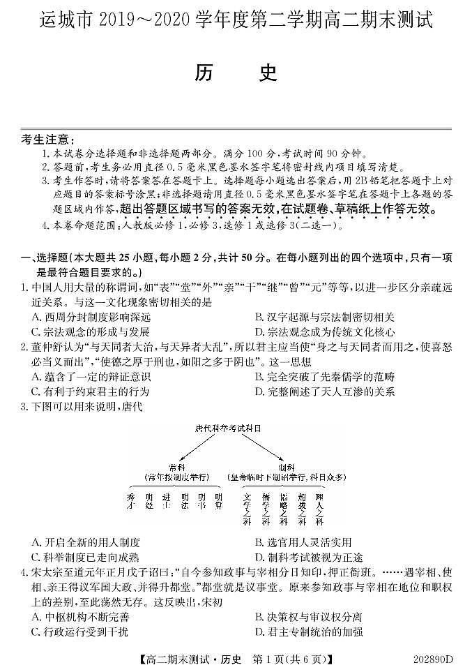 山西运城市2019-2020学年度第二学期高二期末测试历史试题（PDF版）01