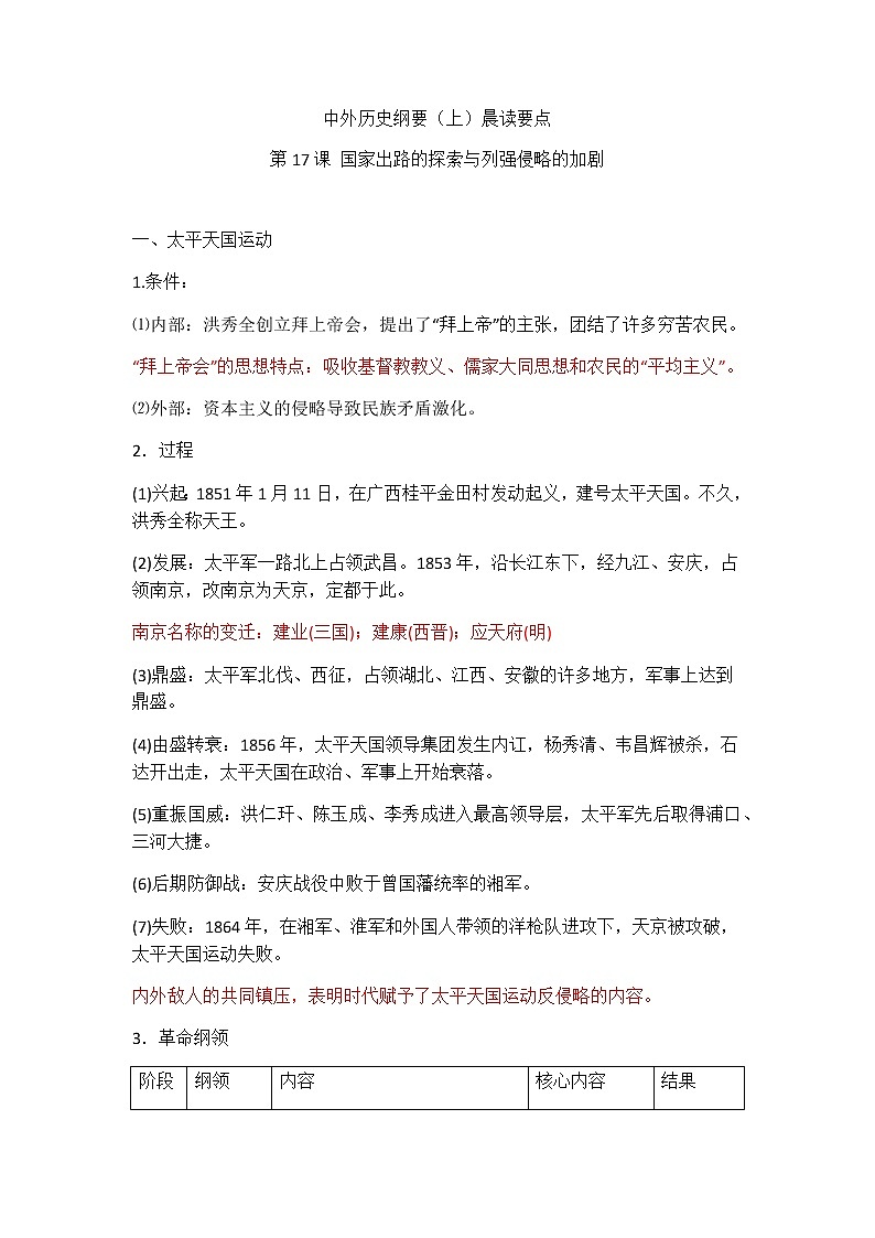 中外历史纲要（上）晨读要点  第17课 国家出路的探索与列强侵略的加剧学案01