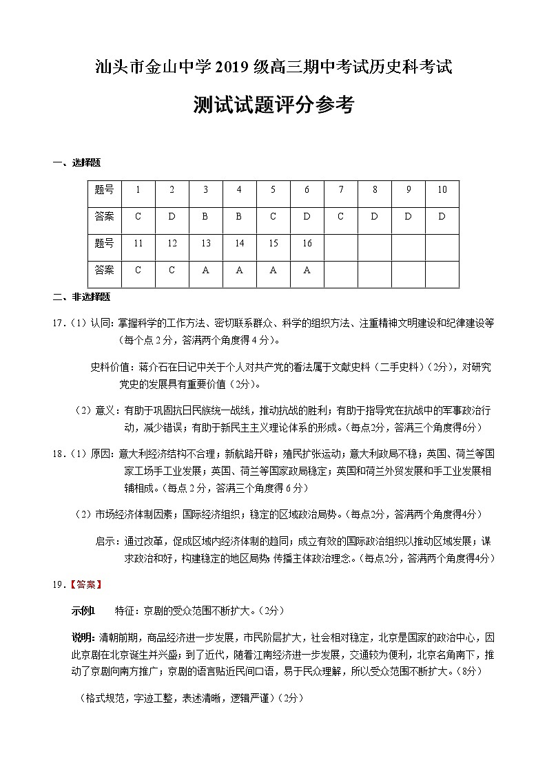 汕头市金山中学2019级高三期中考试历史科考试参考答案第1页