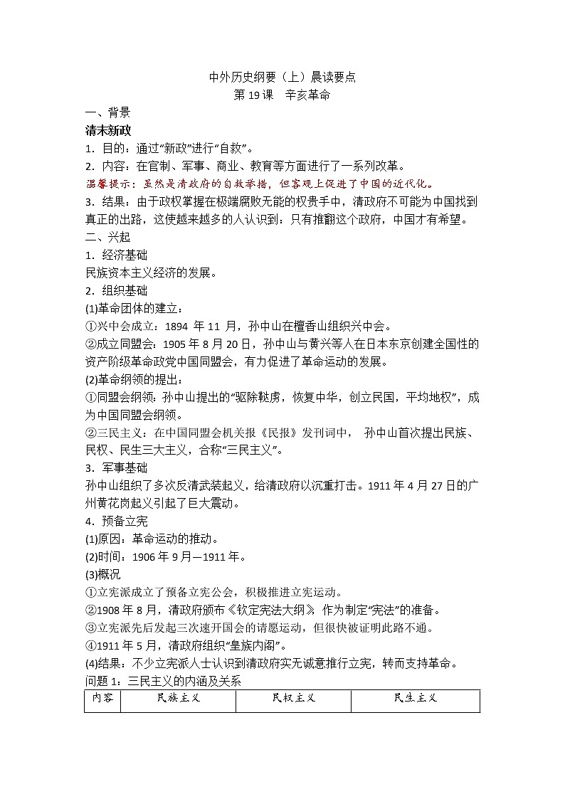 中外历史纲要（上）晨读要点 第19课　辛亥革命学案01