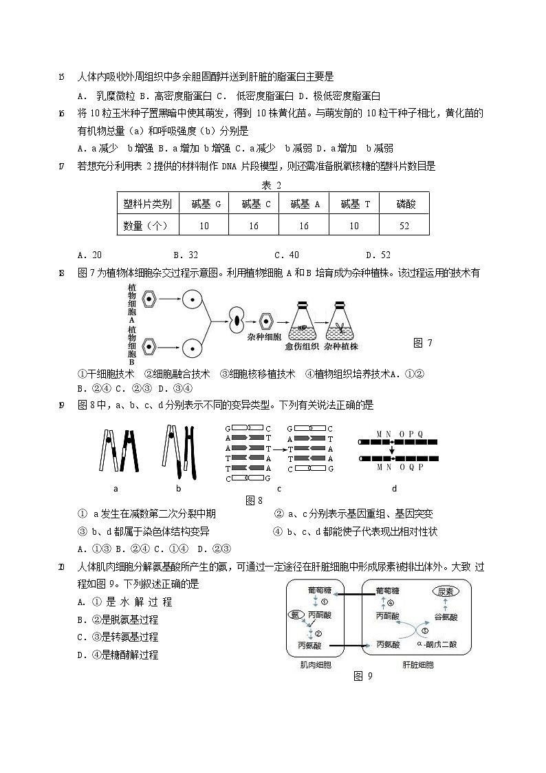 2020年上海市长宁高三一模生物试卷及答案03