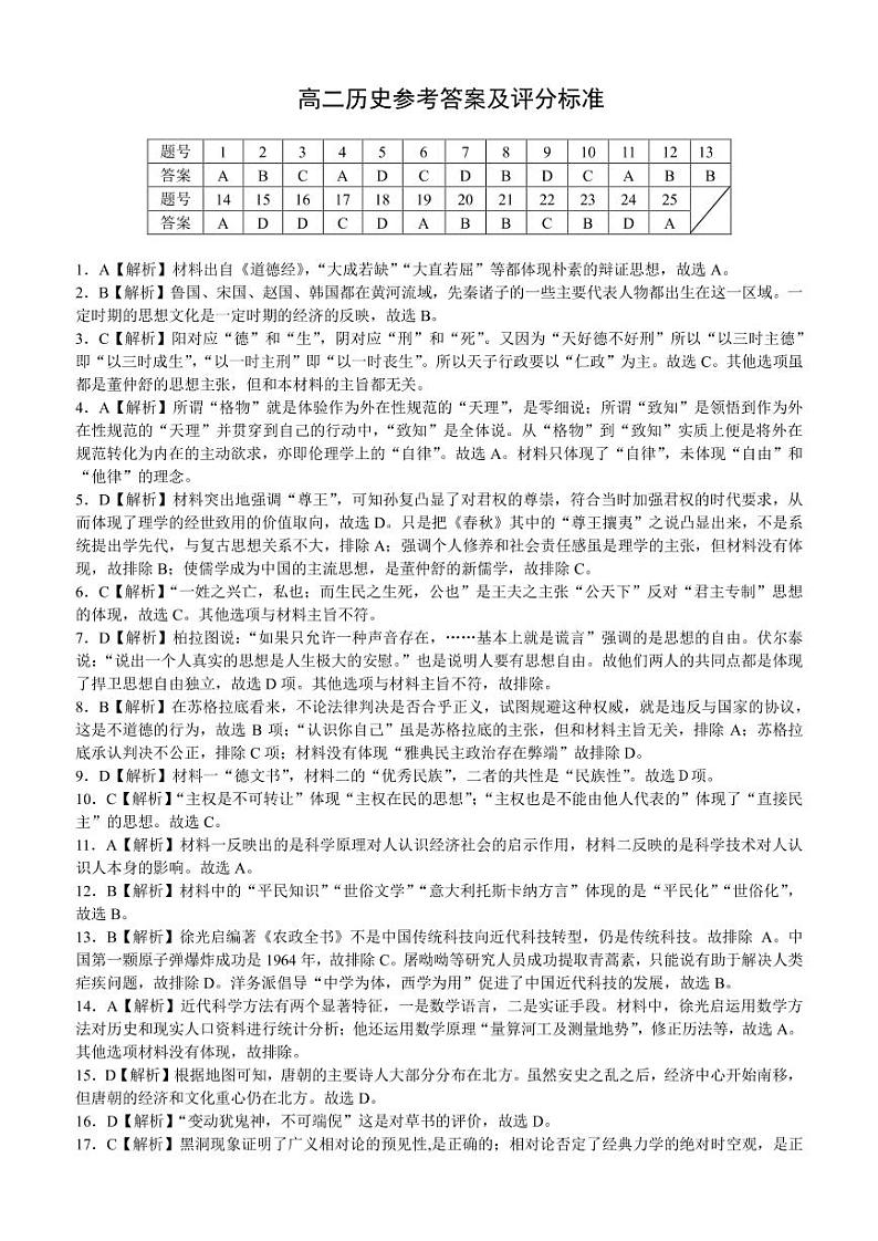 湖南省湖湘教育三新探索协作体2020-2021学年高二11联考（期中）历史答案第1页