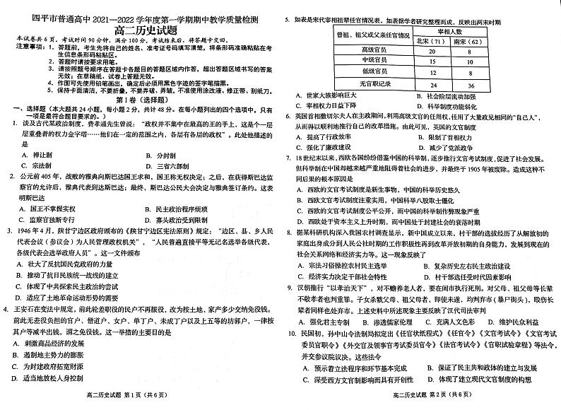 吉林省四平市普通高中2021-2022学年高二上学期期中考试历史试题扫描版含答案01