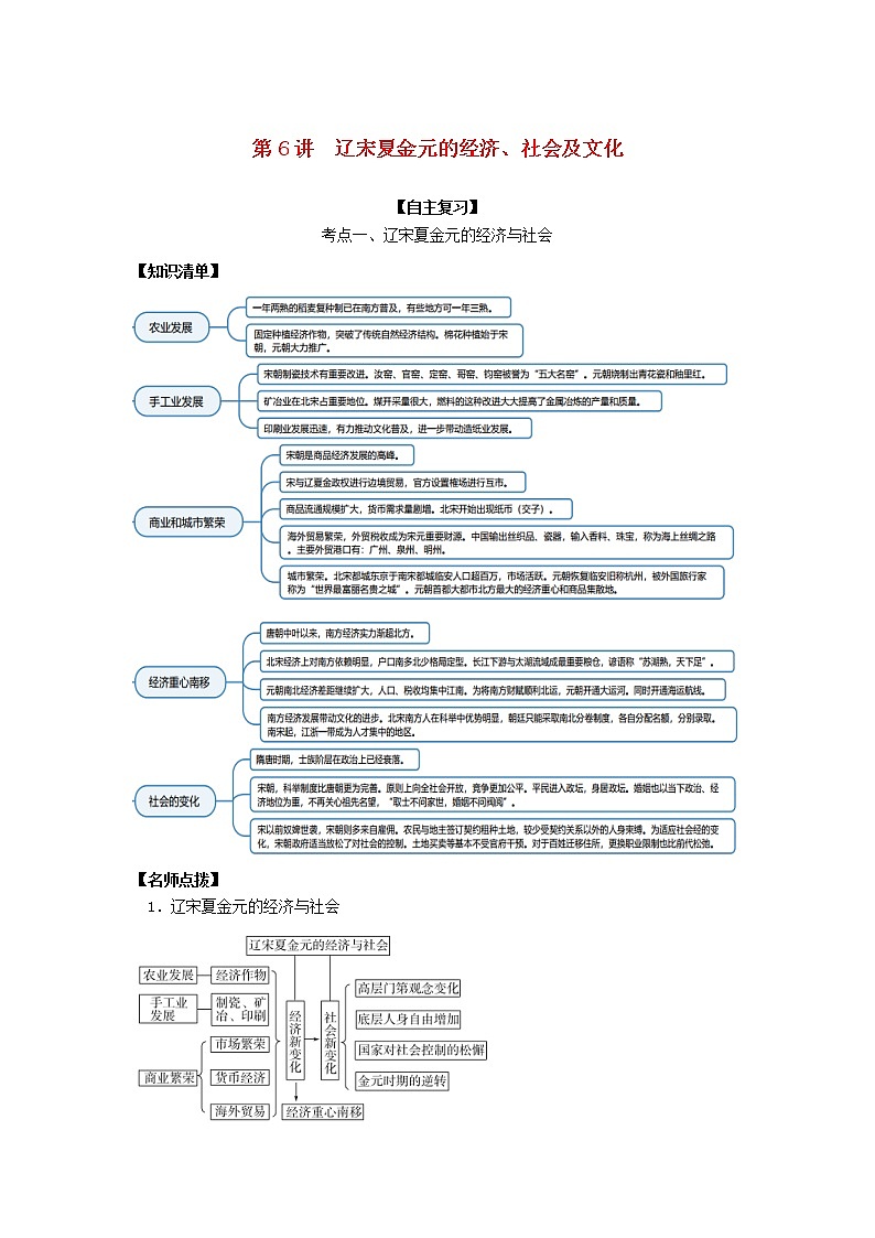 2022高考历史一轮复习思维导图纲要上第三单元辽宋夏金多民族政权的并立与元朝的统一6辽宋夏金元的经济社会及文化含解析第1页