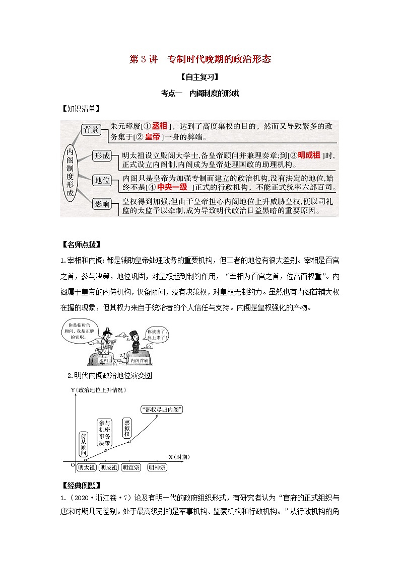 2022高考历史一轮复习思维导图政治史专题一古代中国的政治制度3专制时代晚期的政治形态学案人民版01