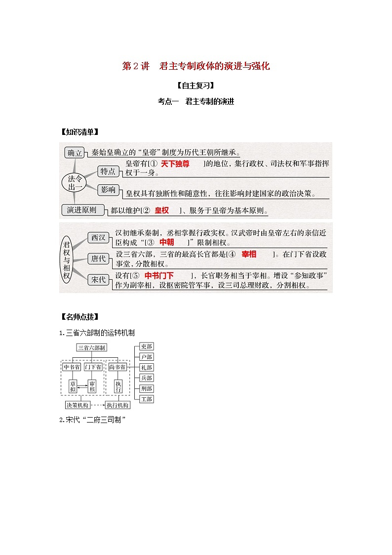 2022高考历史一轮复习思维导图政治史专题一古代中国的政治制度2君主专制政体的演进与强化学案人民版第1页