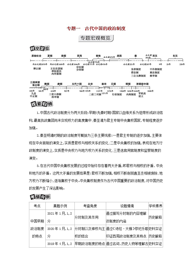 浙江版2022版高考历史总复习专题一古代中国的政治制度第1讲中国早期政治制度的特点及走向“大一统”的秦汉政治教案01