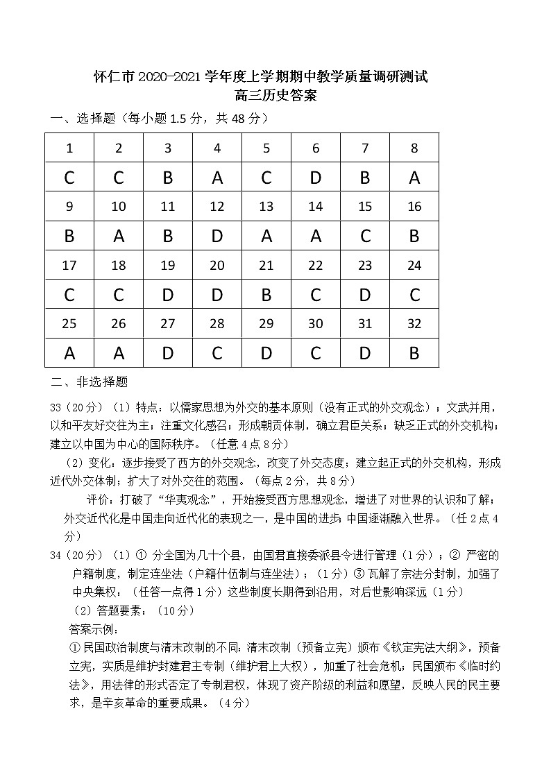 2021届山西省怀仁市高三上学期期中考试历史试题 PDF版01