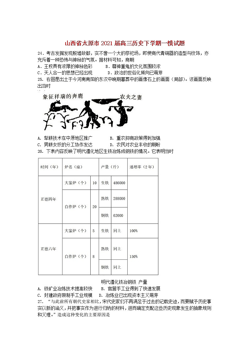 山西省太原市2021届高三下学期一模历史试卷01