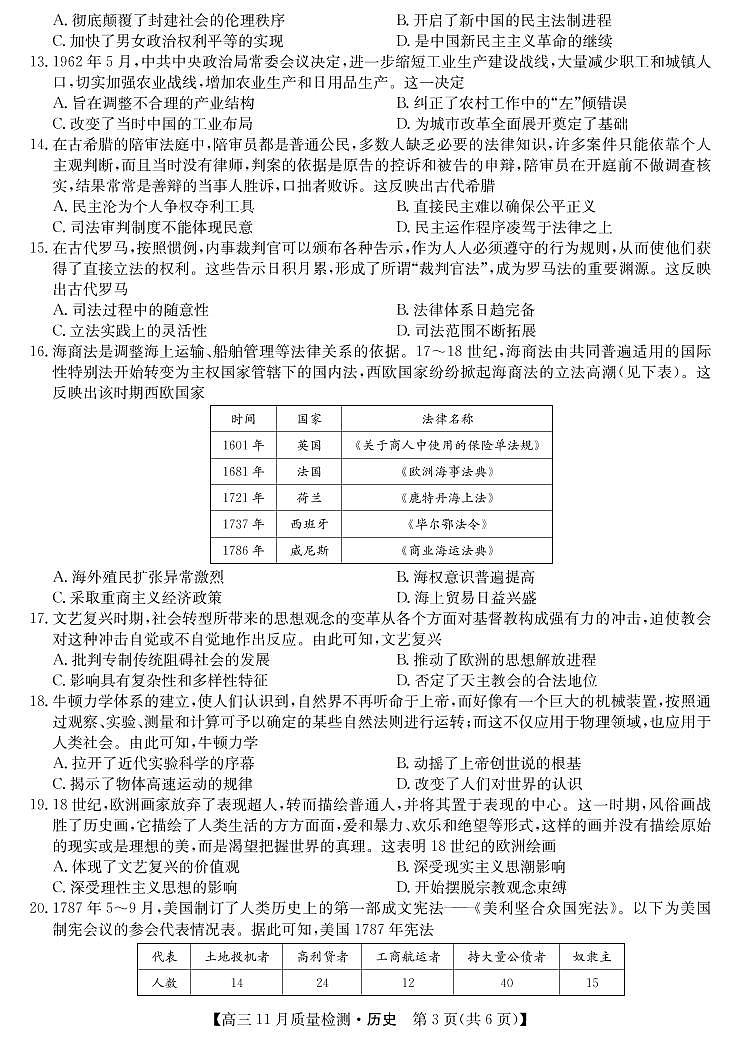 河南省2022届高三上学期11月质量检测历史试卷PDF版含答案第3页