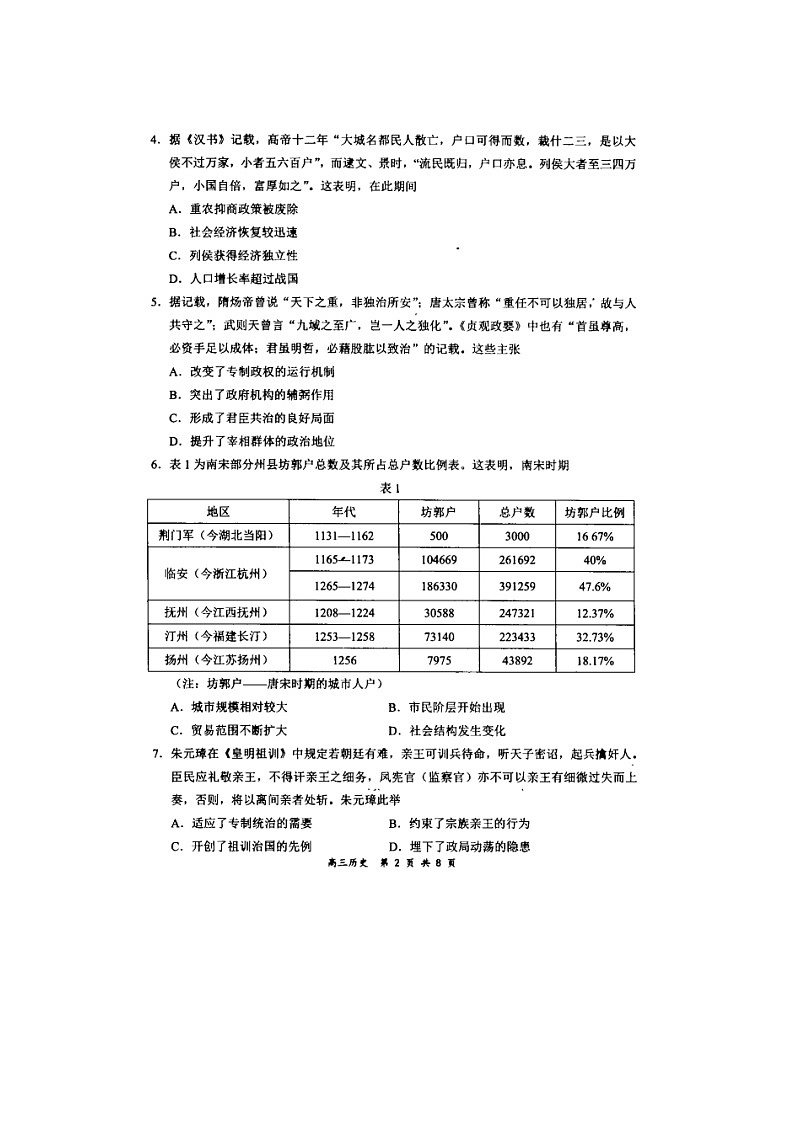 全国百强名校2022届高三上学期领军考试（11月）历史试卷（扫描版）第2页