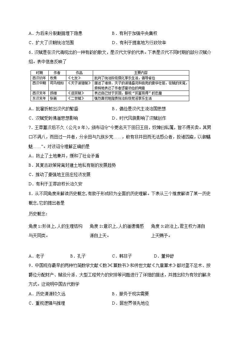 2022届高三历史一轮复习（中外历史纲要上）同步作业训练04 西汉与东汉（解析版）第2页