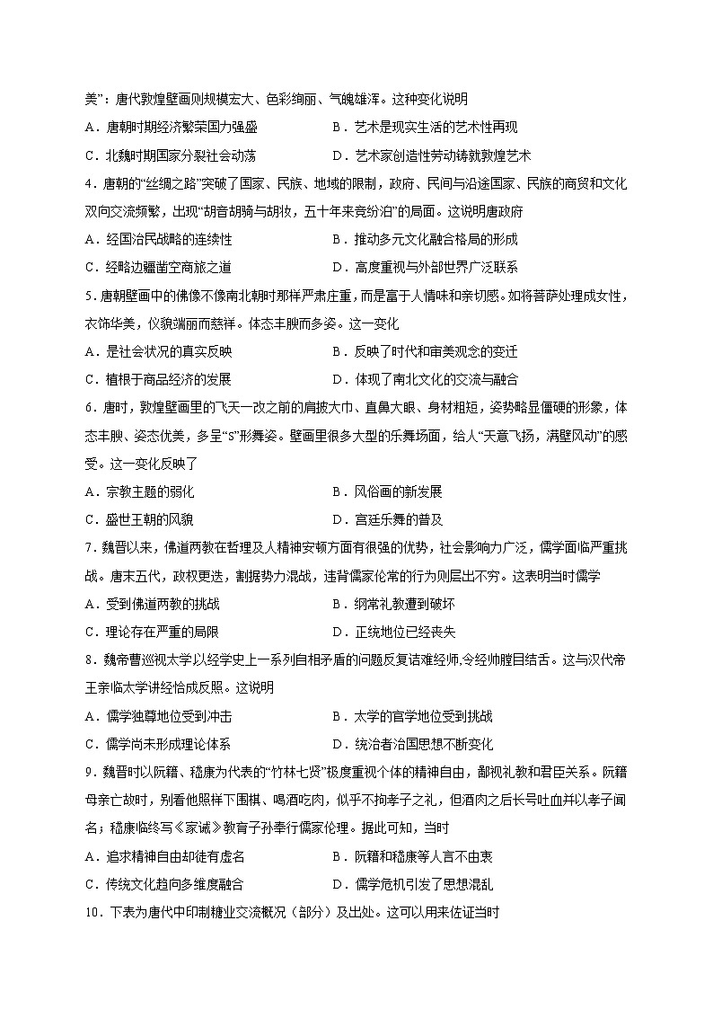 2022届高三历史一轮复习（中外历史纲要上）同步作业训练08 三国至隋唐的文化（解析版）第2页