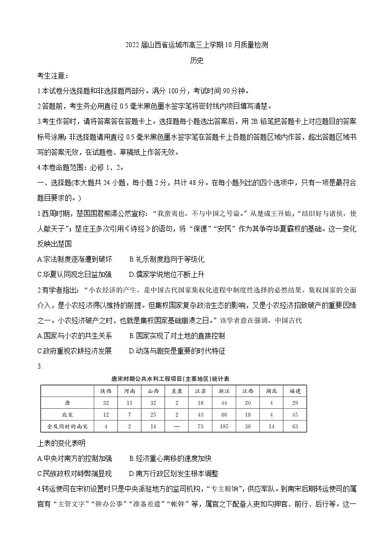 2022届山西省运城市高三上学期10月质量检测 历史（word版含有答案）第1页