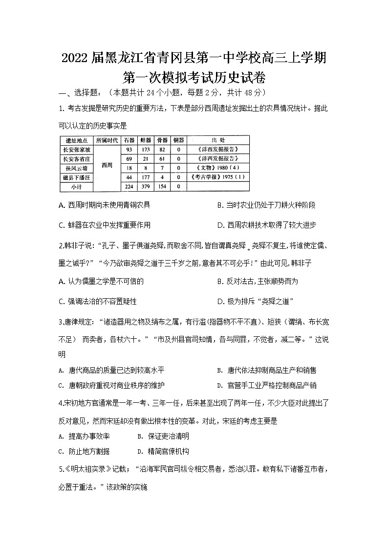 2022届黑龙江省青冈县第一中学校高三上学期第一次模拟考试历史试题（word版含有答案）第1页