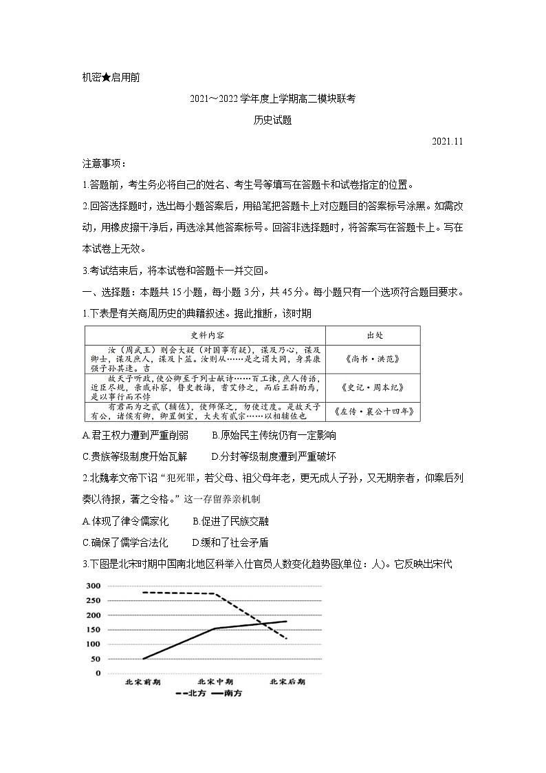 山东省日照市五莲县2021-2022学年高二上学期期中考试历史含答案01