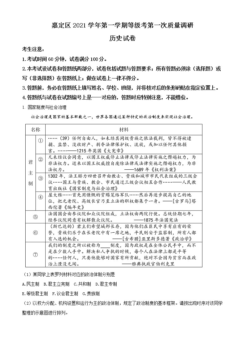 上海市嘉定区2022届高三一模历史试题01