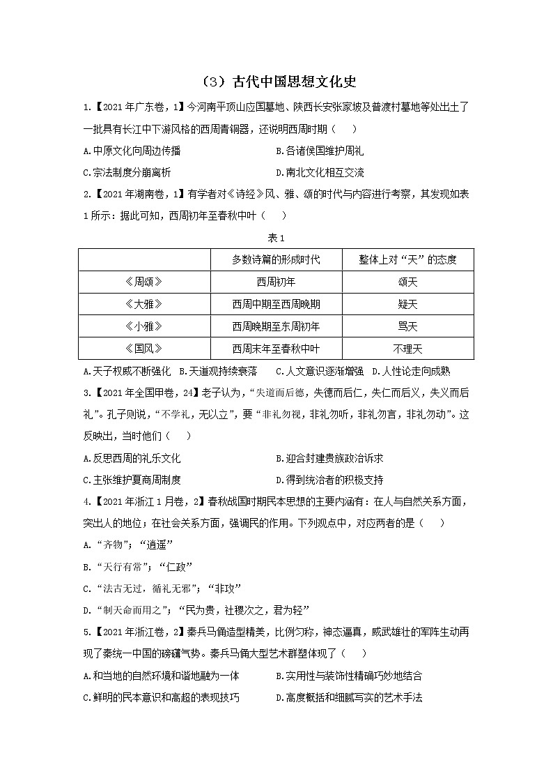 【新课标通用版】2022届高考历史二轮复习真题通关练（3）古代中国思想文化史第1页