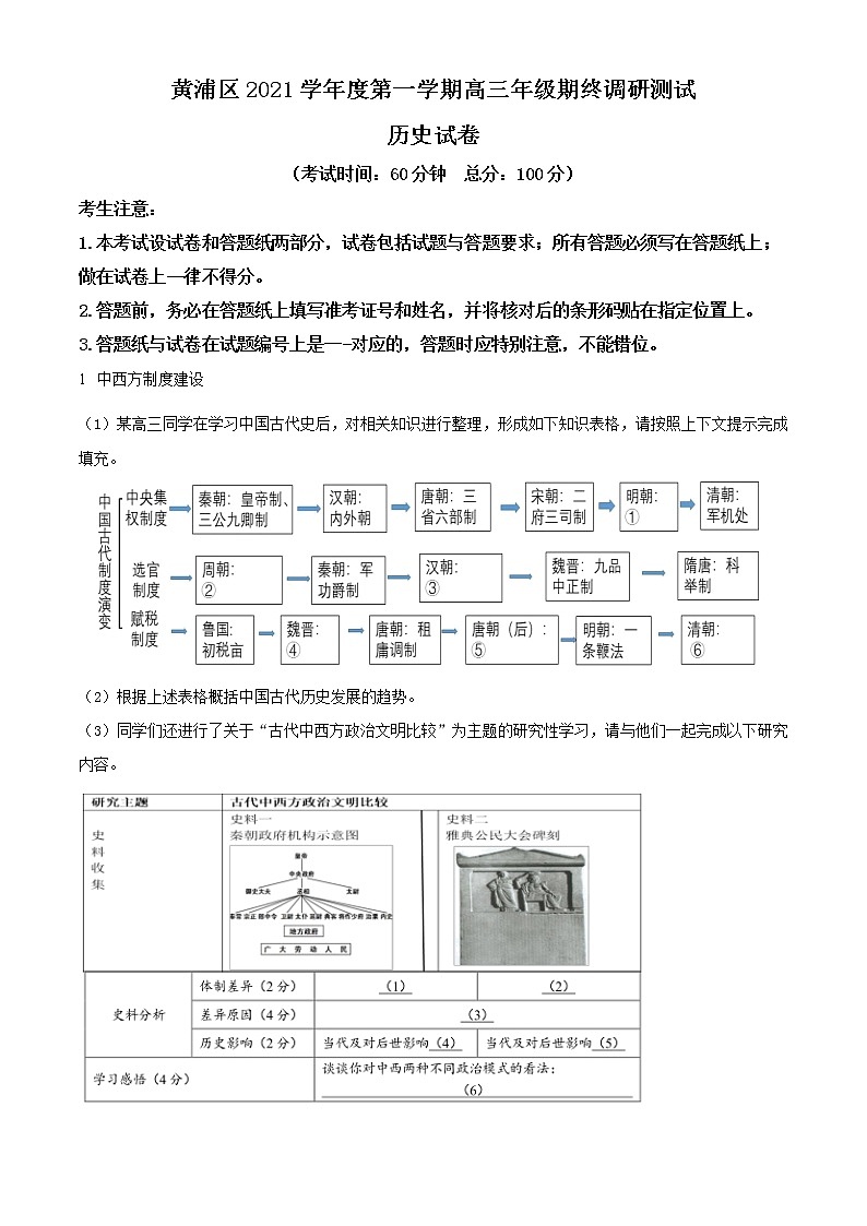 上海市黄浦区2022届高三一模历史试题 详解版 含答案01