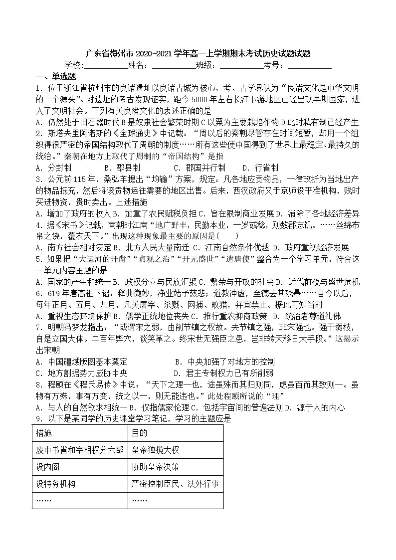 广东省梅州市2020-2021学年高一上学期期末考试历史试题试题-2272a3b143a7455c9ea564b6c753da53第1页