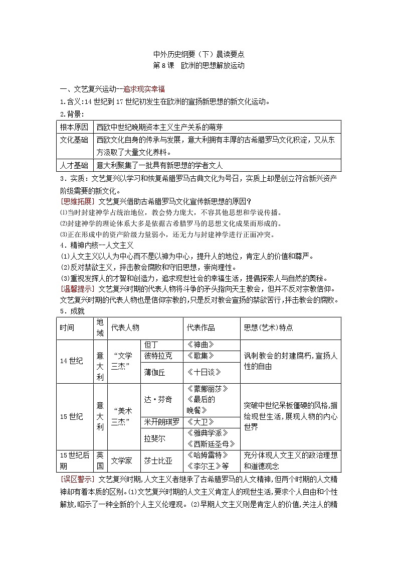 中外历史纲要（下）晨读要点 第8课　欧洲的思想解放运动学案01