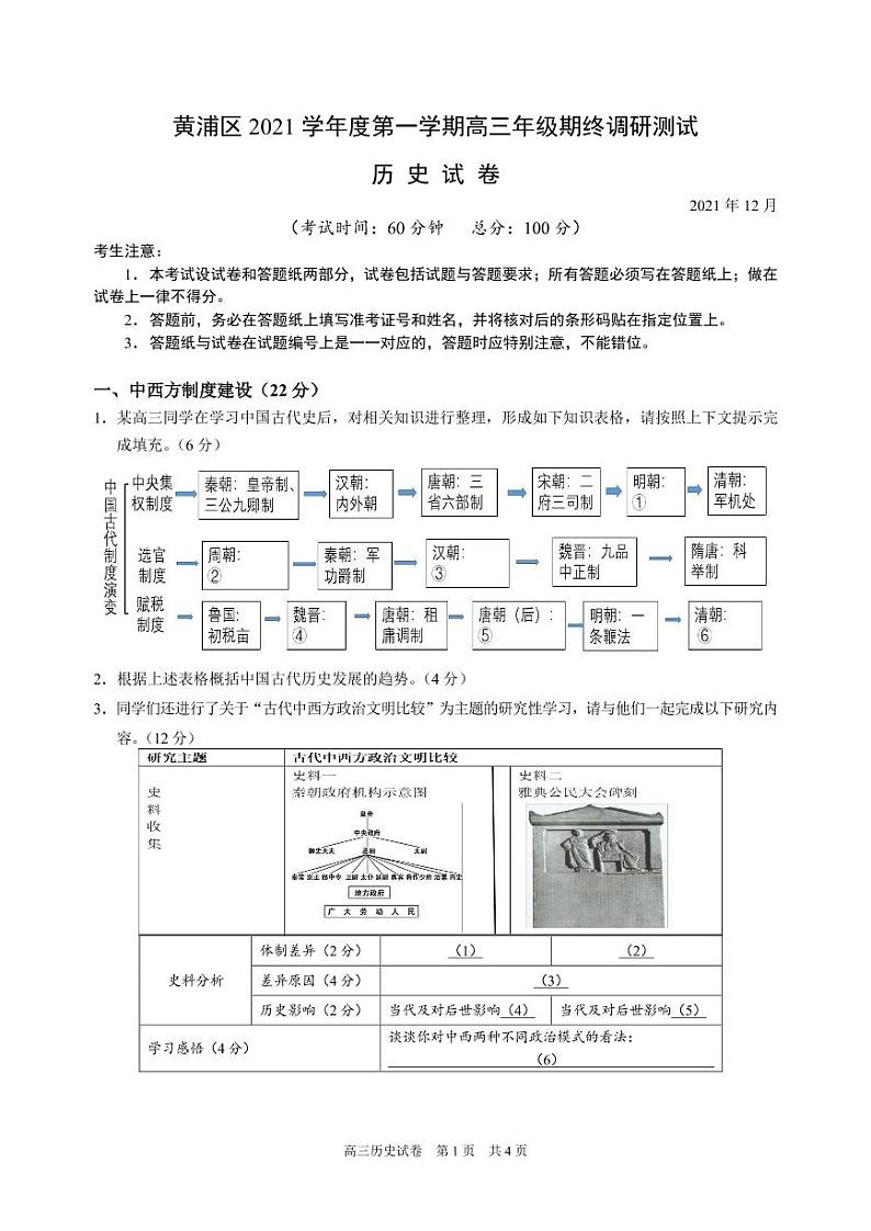 上海市黄浦区2022届高三上学期期终调研测试（一模）历史PDF版含答案（可编辑）01