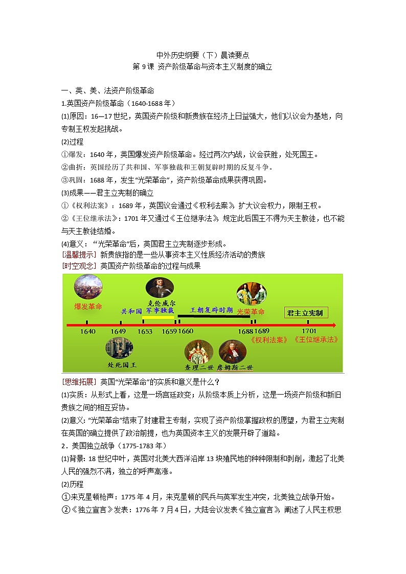 中外历史纲要（下）晨读要点 第9课 资产阶级革命与资本主义制度的确立学案01