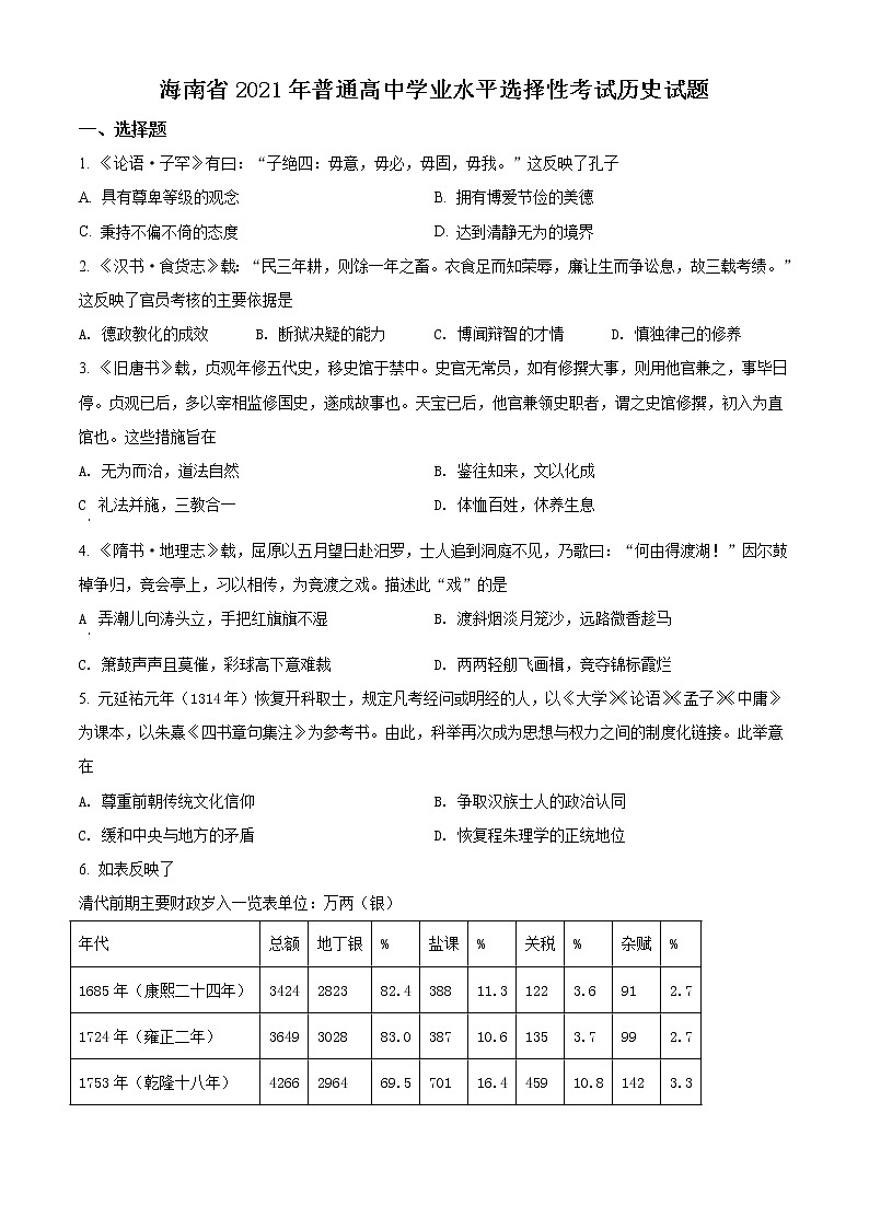2021年新高考海南历史卷及答案解析（原卷+解析卷）01