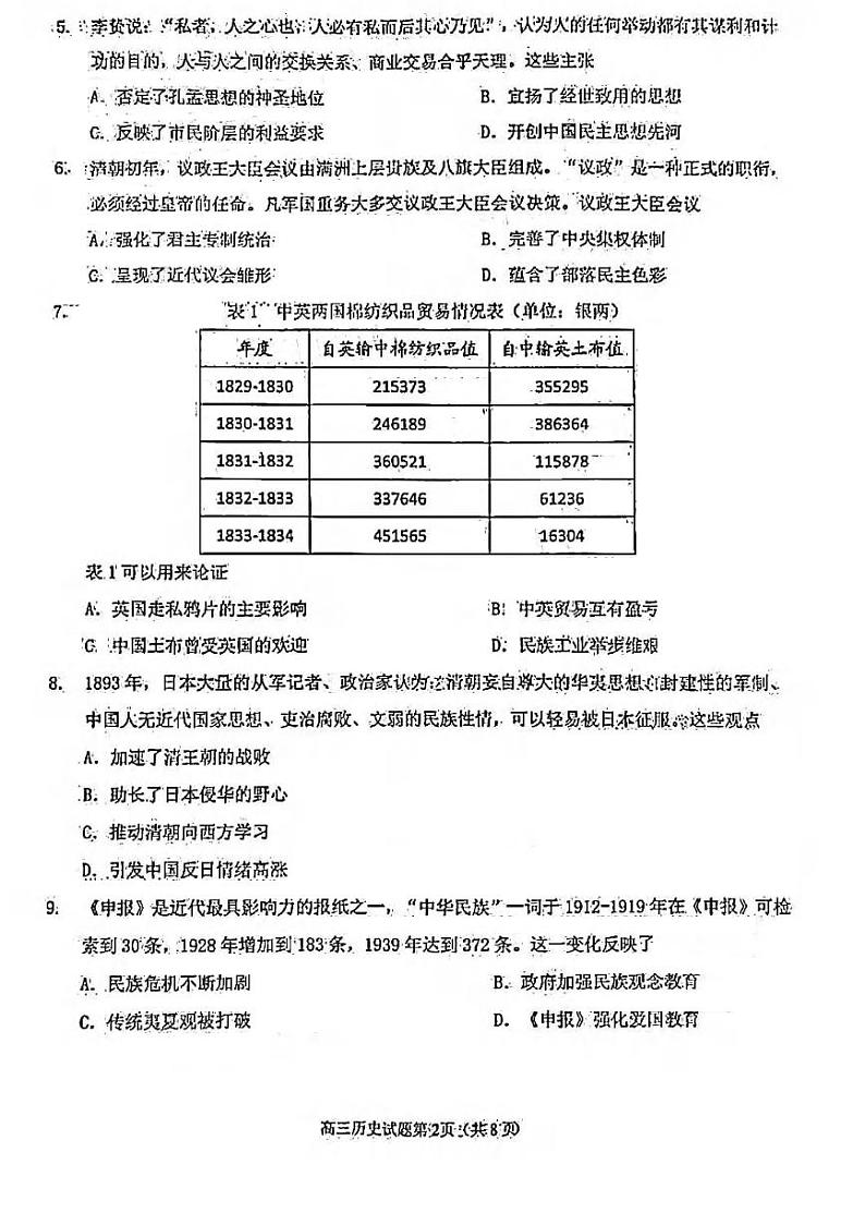 福建省泉州市2021届高三下学期高中毕业班3月质量监测（三）（一模）历史试卷 Word版含答案02