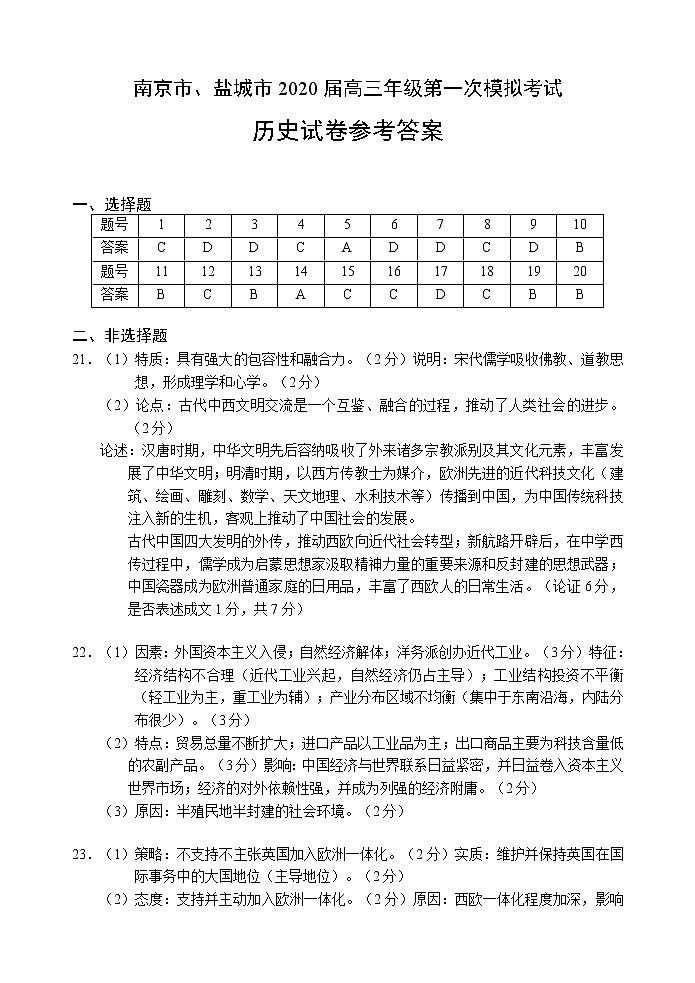 江苏省南京市、盐城市2020届高三第一次模拟考试（1月） 历史 Word版含答案练习题01