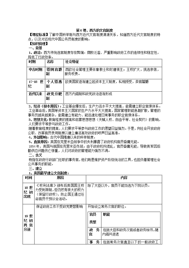 统编版历史选择性必修一 第6课 西方的文官制度 教案01