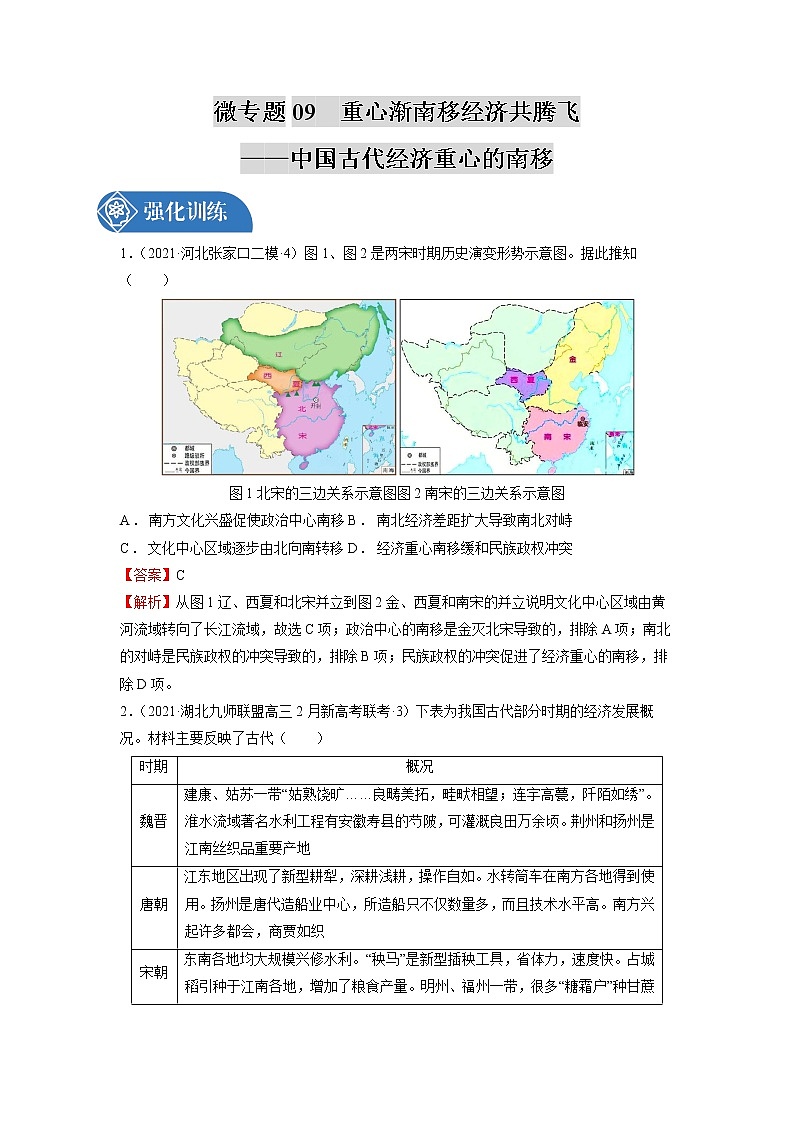 微专题09 重心渐南移，经济共腾飞——中国古代经济重心的南移 强化训练 备战2022年高考历史（全国通用版）第1页