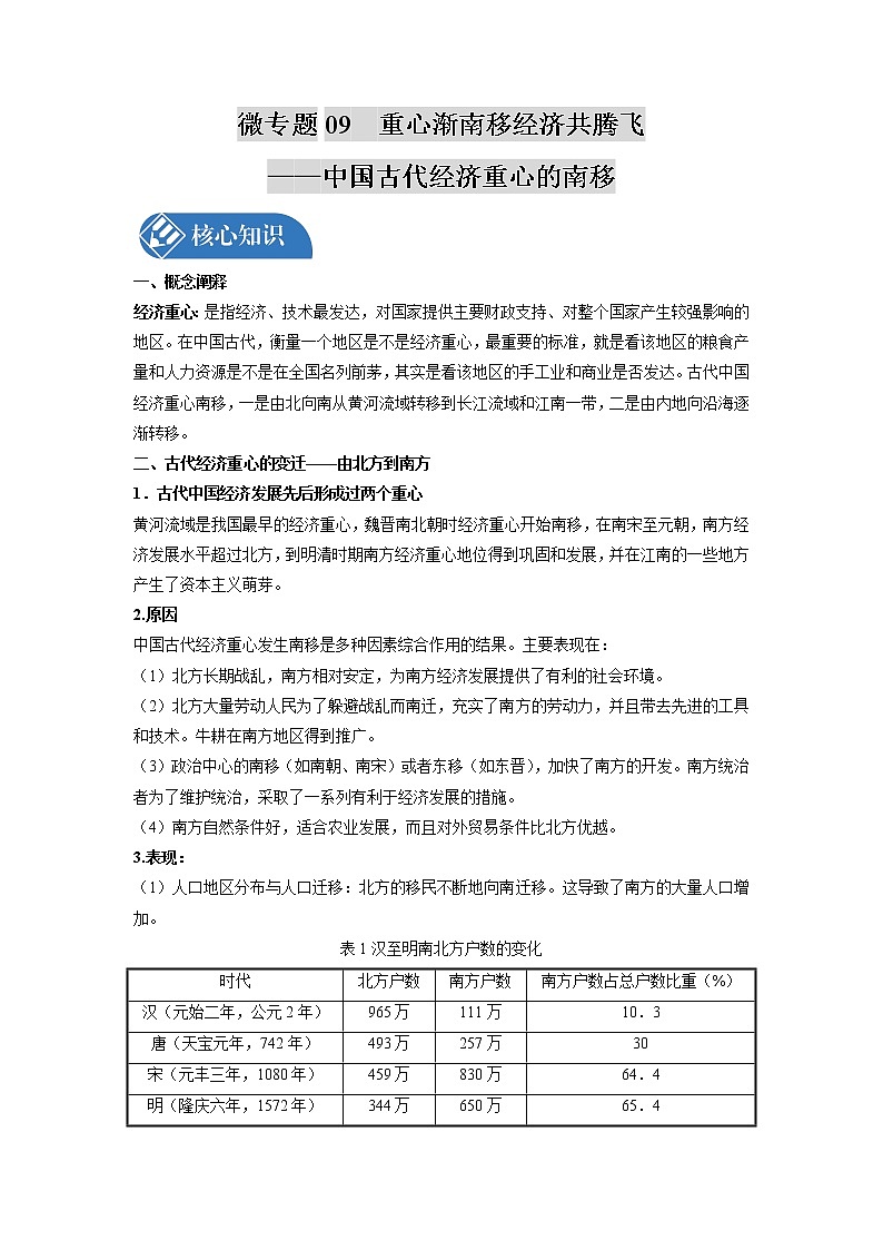 微专题09 重心渐南移，经济共腾飞——中国古代经济重心的南移 核心知识 备战2022年高考历史（全国通用版）第1页