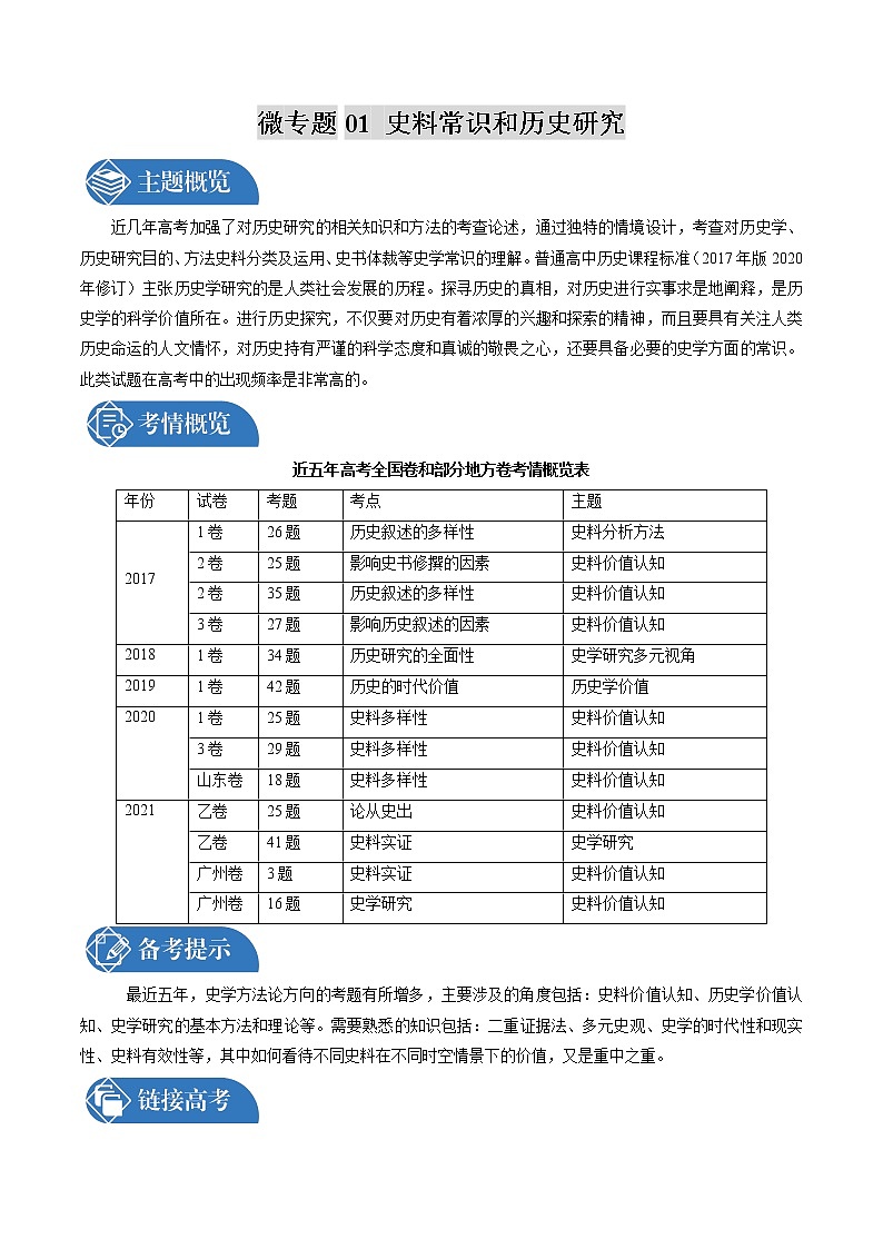 微专题01 史料常识和历史研究 备战2022年高考历史（全国通用版）01
