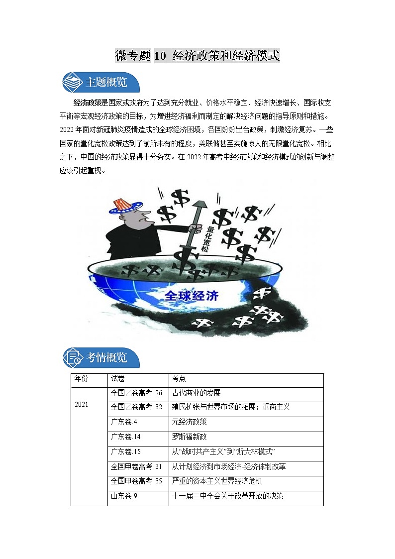 微专题10 经济政策和经济模式 备战2022年高考历史（全国通用版）01
