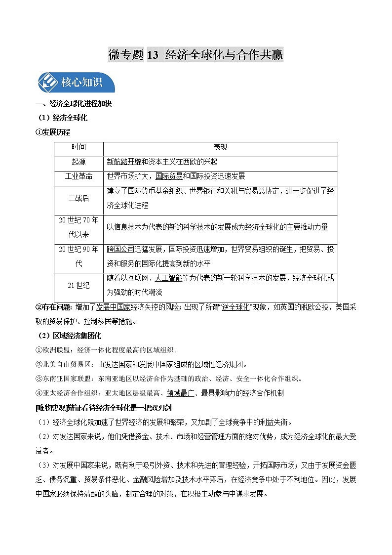 微专题13 经济全球化与合作共赢 核心知识 备战2022年高考历史（全国通用版）第1页