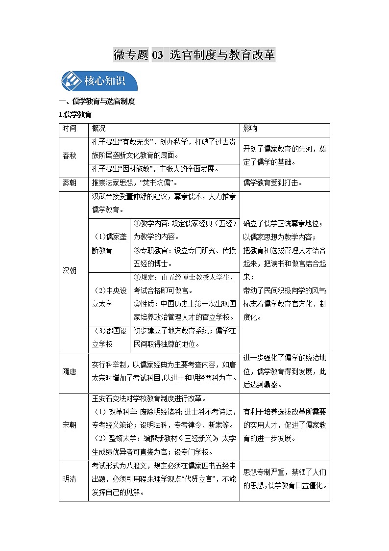 微专题03 选官制度与教育改革 核心知识 备战2022年高考历史（全国通用版）第1页