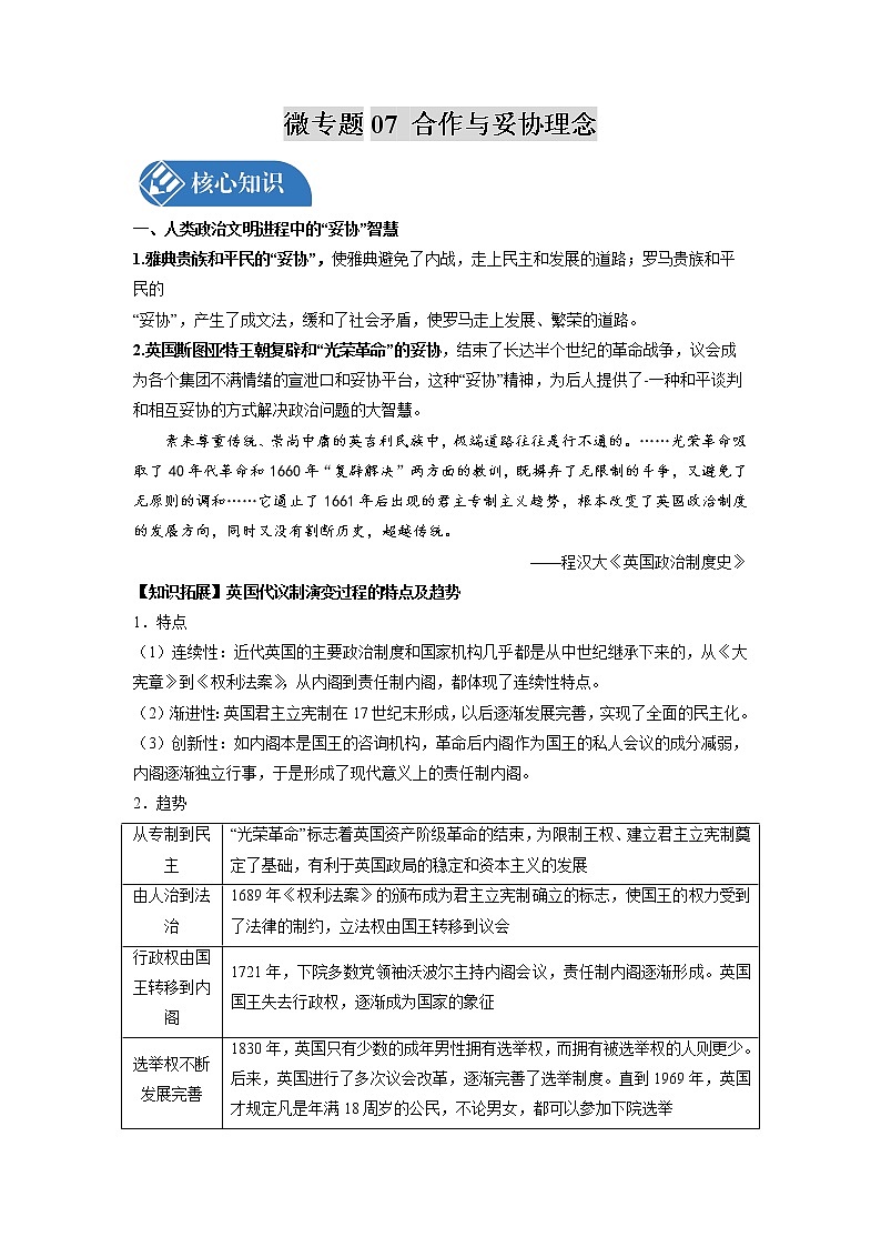 微专题07 合作与妥协理念 核心知识 备战2022年高考历史（全国通用版）第1页