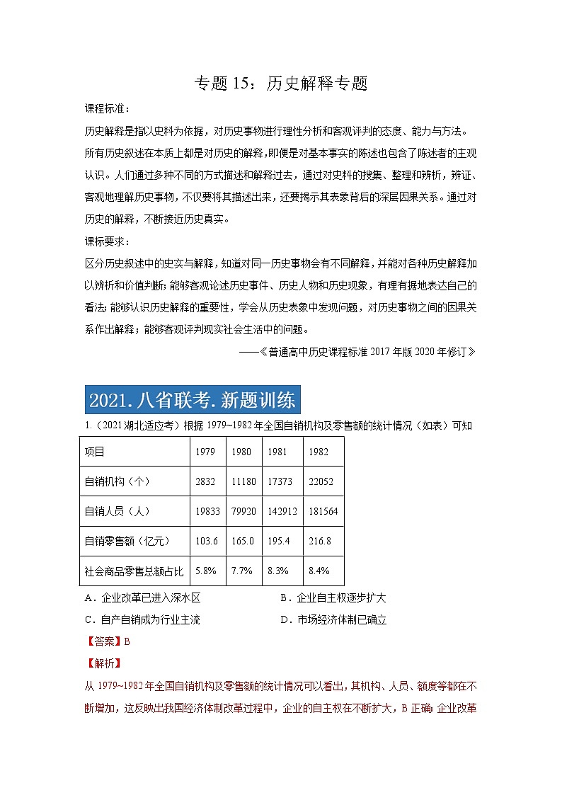 专题15  历史解释专项-2021年高考历史三轮冲刺复习热点专题优选优练01