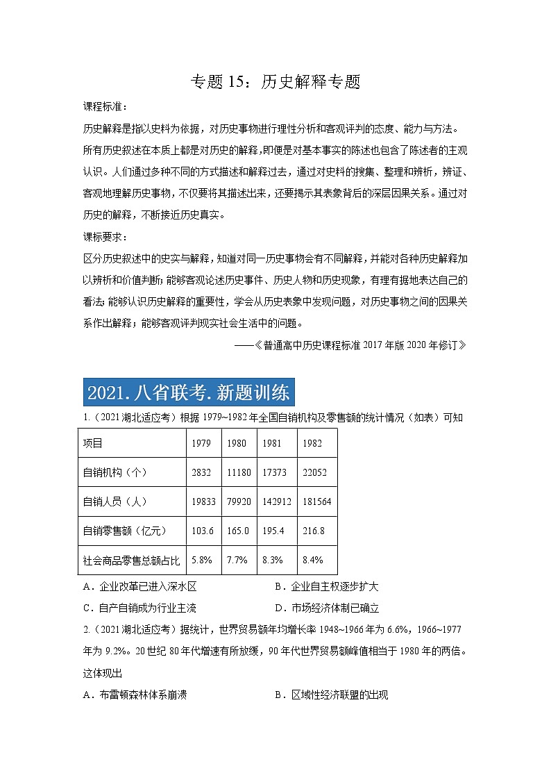 专题15  历史解释专项-2021年高考历史三轮冲刺复习热点专题优选优练01