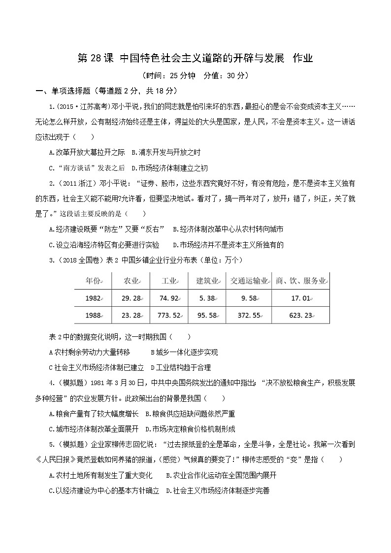 中外历史纲要（上）第28课 中国特色社会主义道路的开辟与发展 作业 练习01