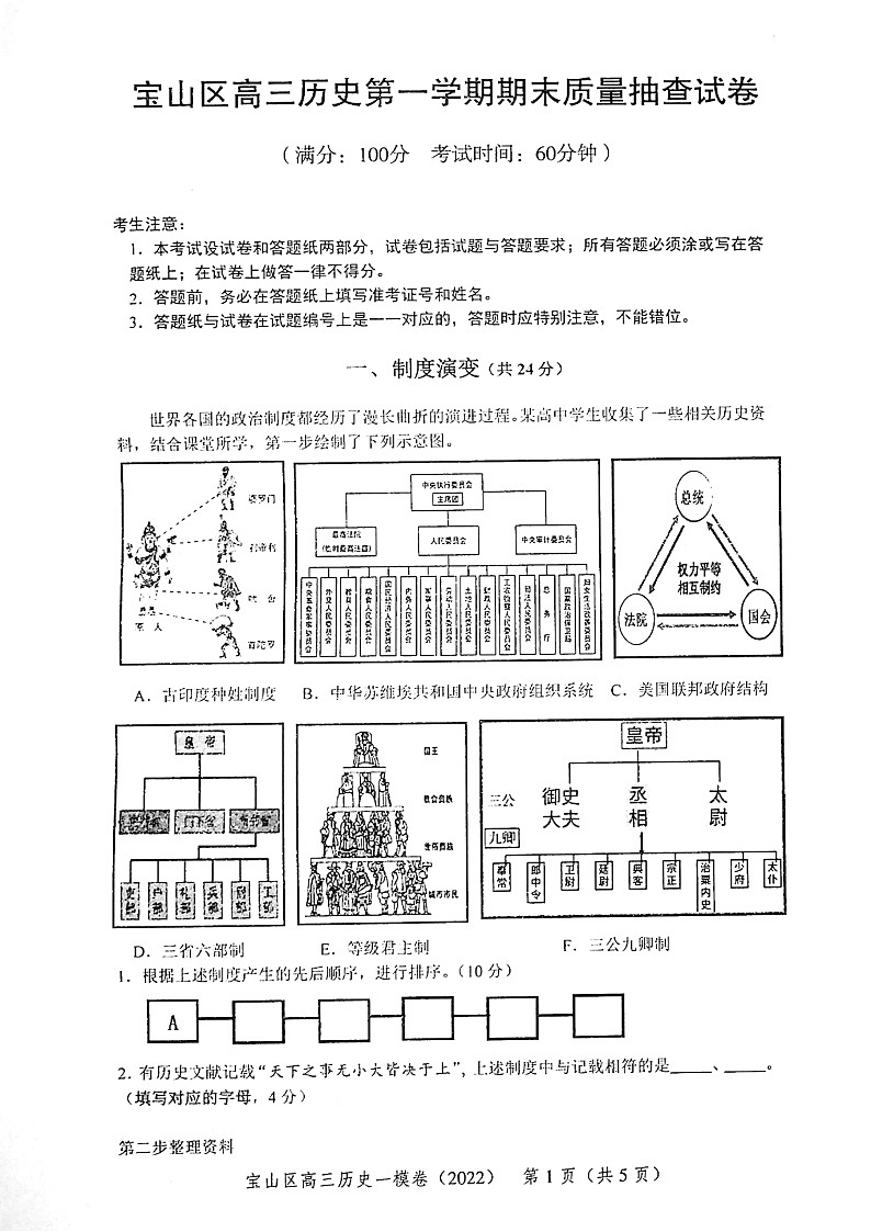 上海市宝山区2022届高三一模等级考历史试题第1页