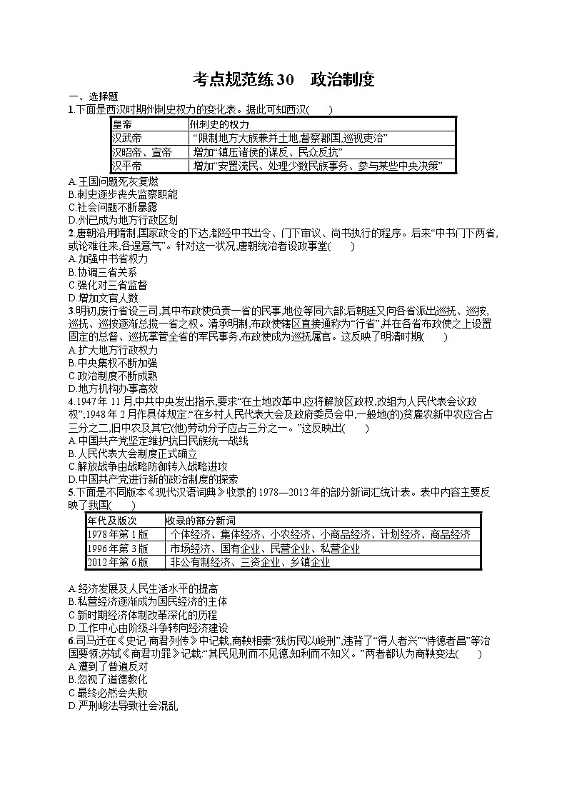人教版新高考历史一轮复习训练题--政治制度01