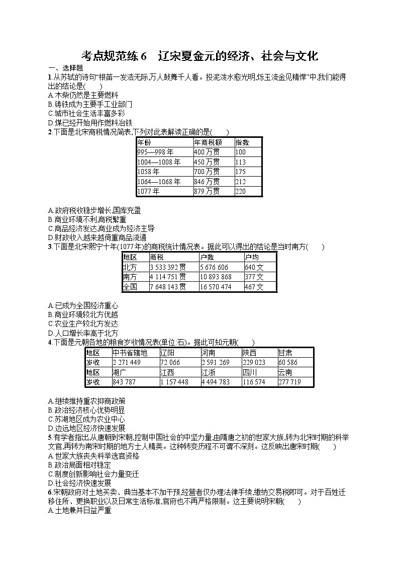 人教版新高考历史一轮复习训练题--辽宋夏金元的经济、社会与文化01